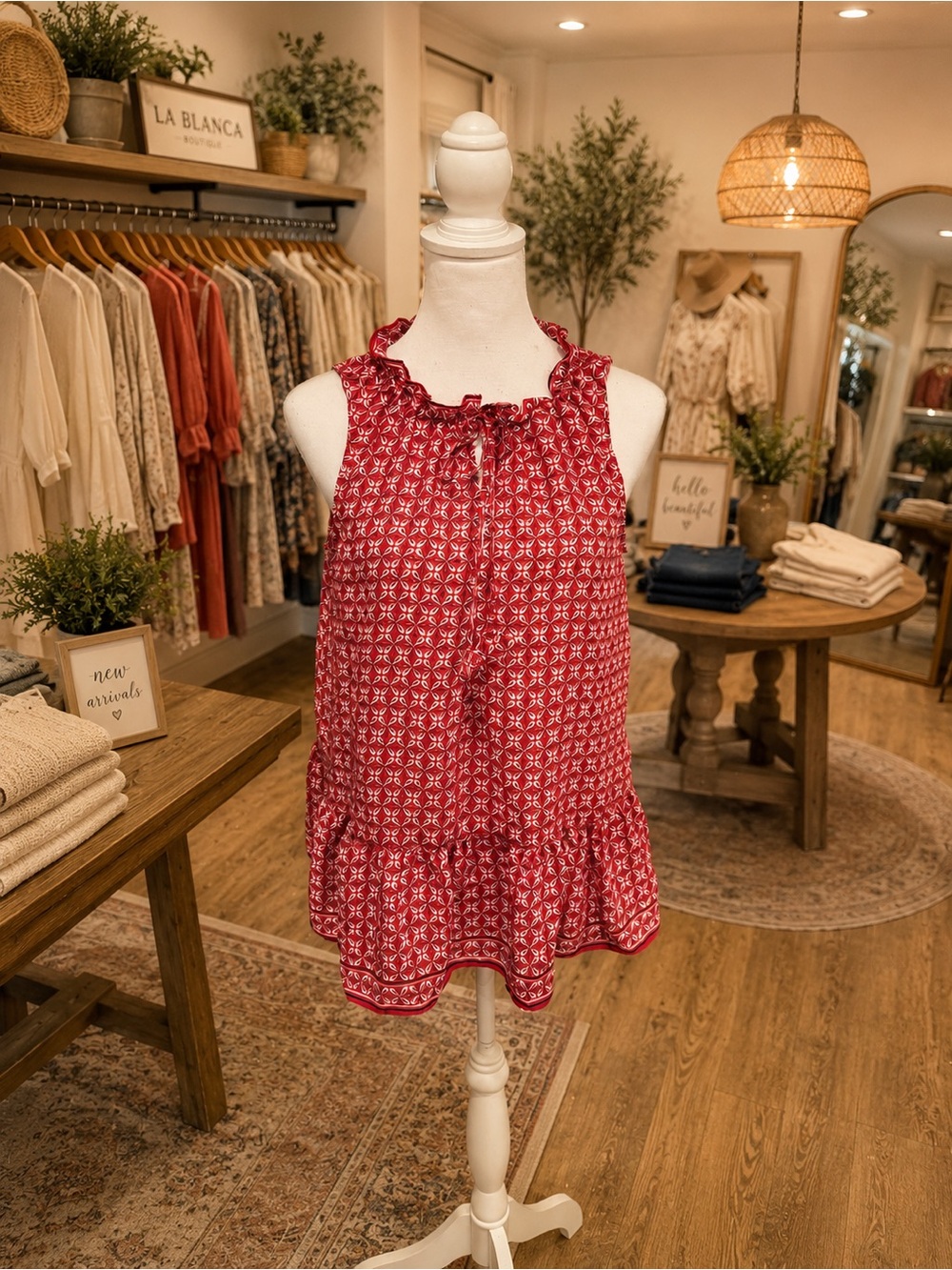 Max Studio Size Large Red Floral Ruffle Neck Babydoll Blouse NWT